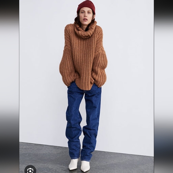 Zara oversized chunky knit sweater turtleneck brown medium - Picture 2 of 10